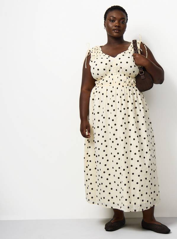 Cream Polka Dot Print Seersucker Sleeveless Shirred Dress 18